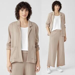 Eileen Fisher Organic Cotton Terry Blazer L Tan Beige Slouchy Relaxed Minimalist